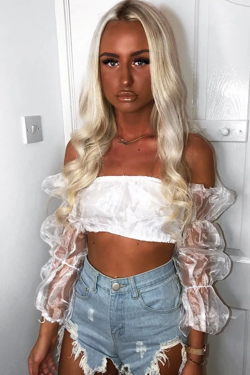 White Organza Bardot Puff Sleeves Crop Top - Teresa