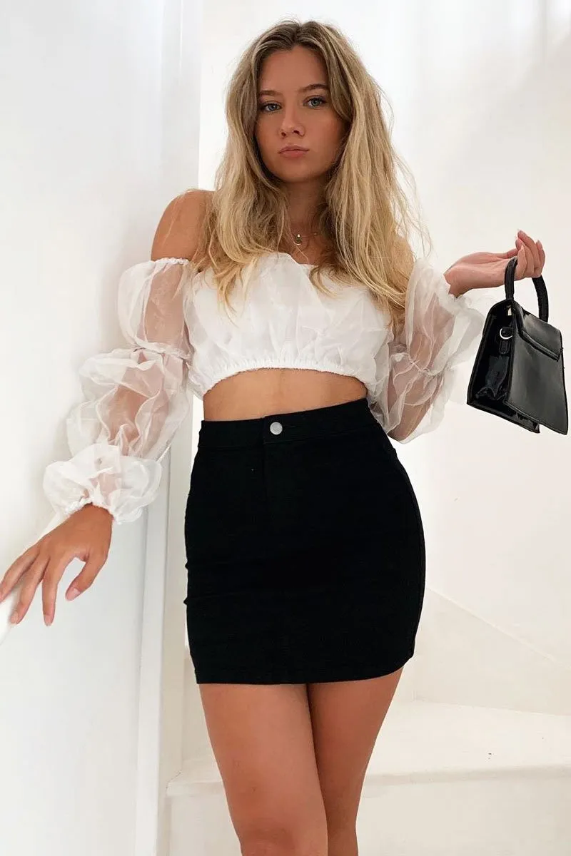 White Organza Bardot Puff Sleeves Crop Top - Teresa