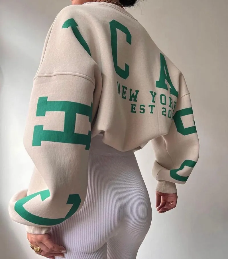 Women Casual Sweatshirts Fashion Letters Print O Neck Long Sleeve Pullovers Tops Vintage Loose Autumn Y2k Hoodies Streetwear