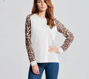 Women Ladies Long Sleeve Leopard Patchwork Loose Casual Tee Tops Casual Plus Size