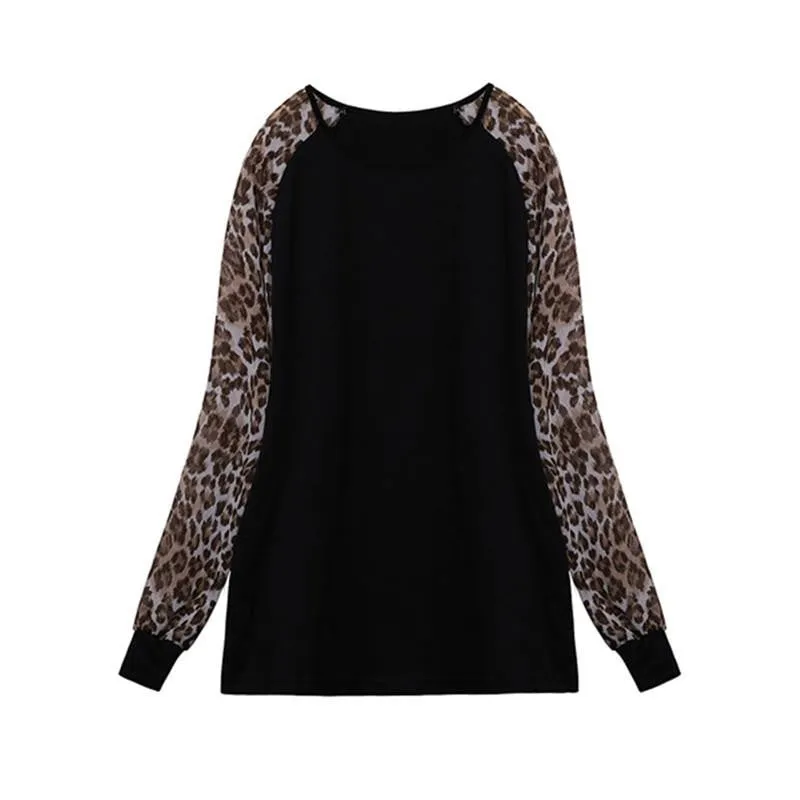 Women Ladies Long Sleeve Leopard Patchwork Loose Casual Tee Tops Casual Plus Size