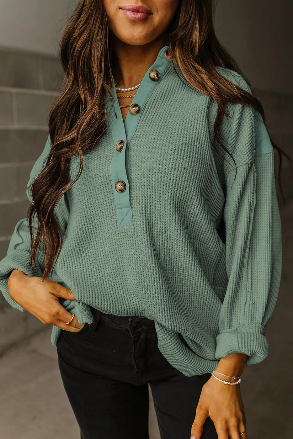 Women' s Waffle Long Sleeve Collar Half Button Loose Top
