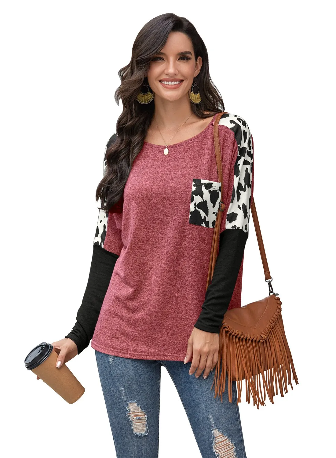 Women's Leopard Print Color Block Round Neck Long Sleeve Shirts