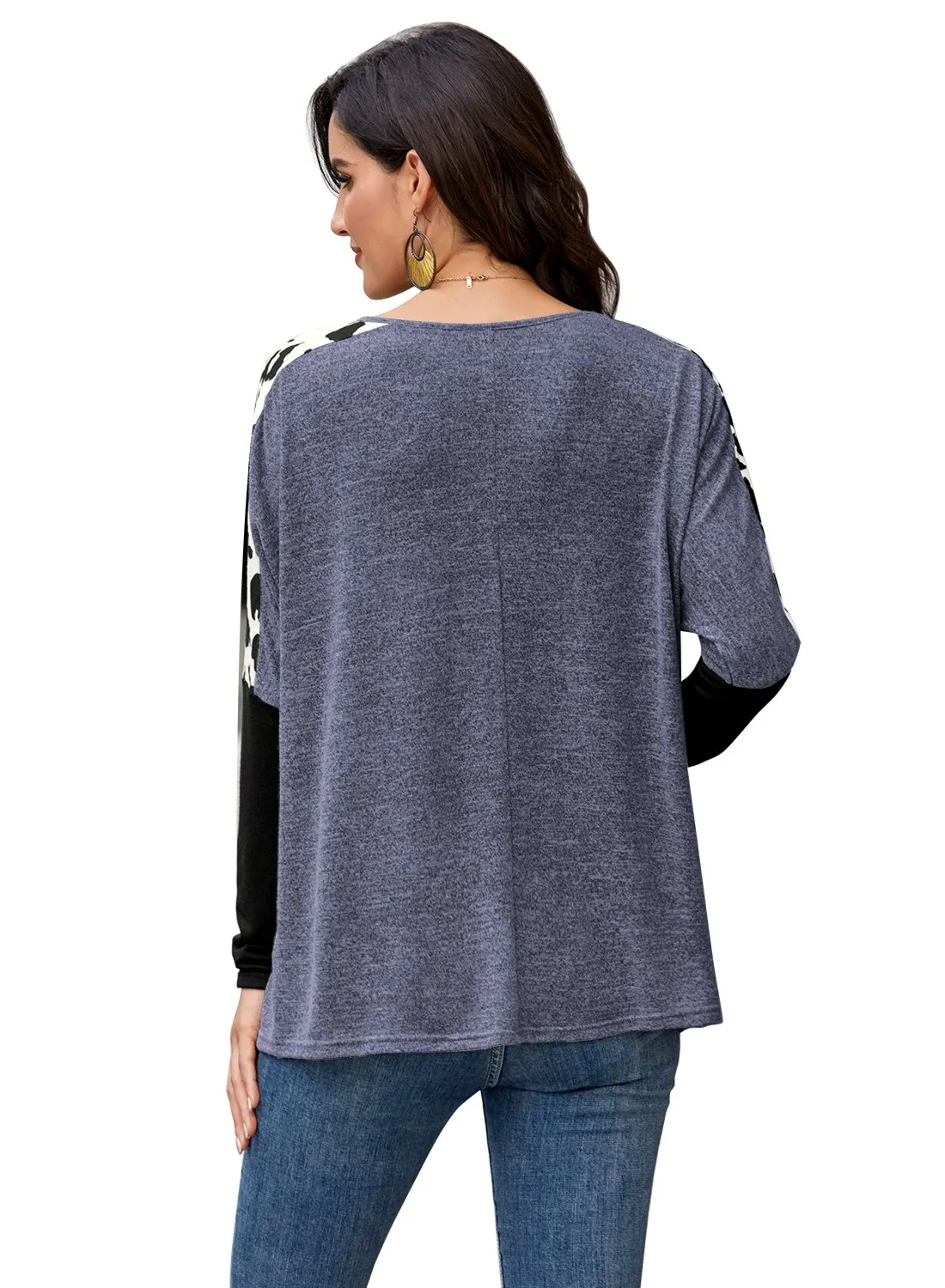 Women's Leopard Print Color Block Round Neck Long Sleeve Shirts