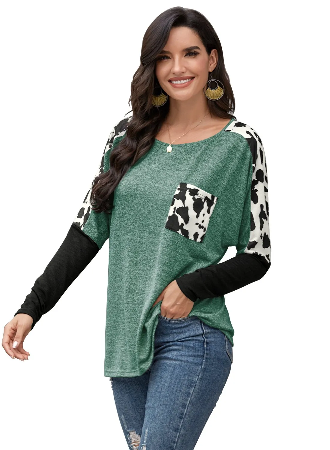 Women's Leopard Print Color Block Round Neck Long Sleeve Shirts