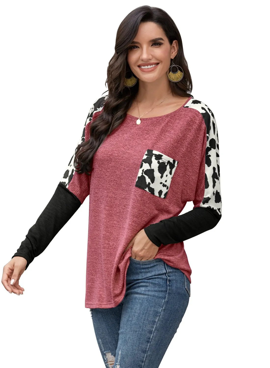 Women's Leopard Print Color Block Round Neck Long Sleeve Shirts
