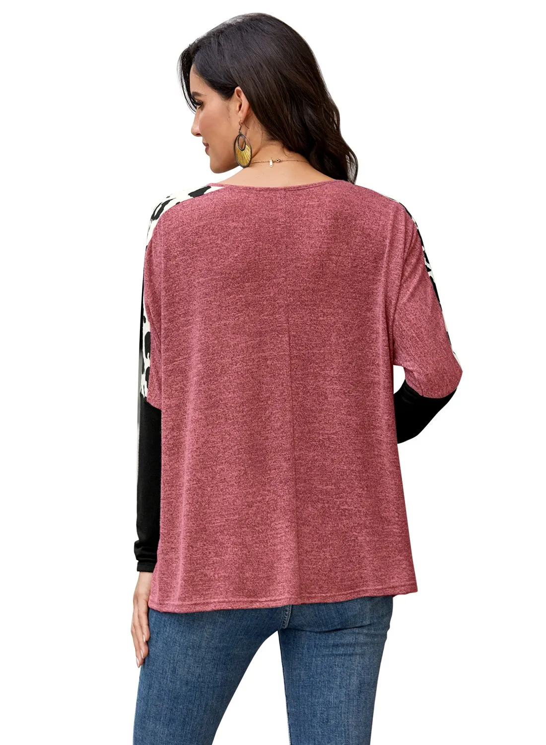 Women's Leopard Print Color Block Round Neck Long Sleeve Shirts