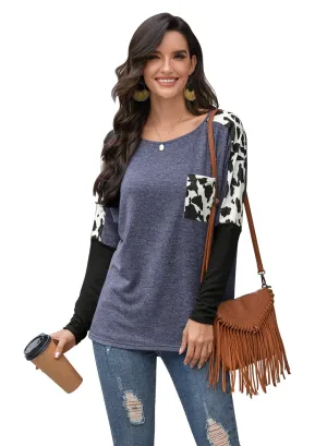 Women's Leopard Print Color Block Round Neck Long Sleeve Shirts