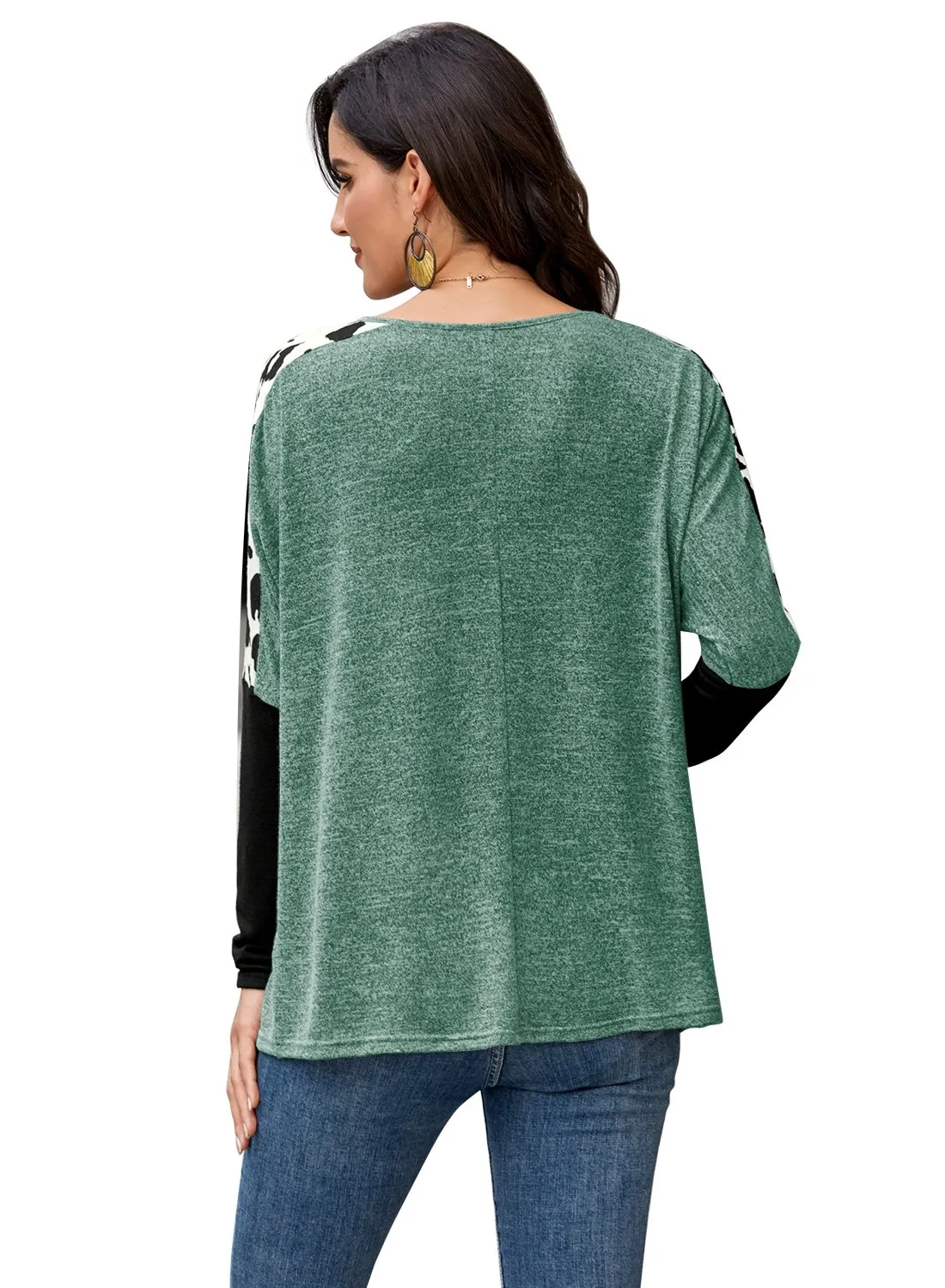 Women's Leopard Print Color Block Round Neck Long Sleeve Shirts