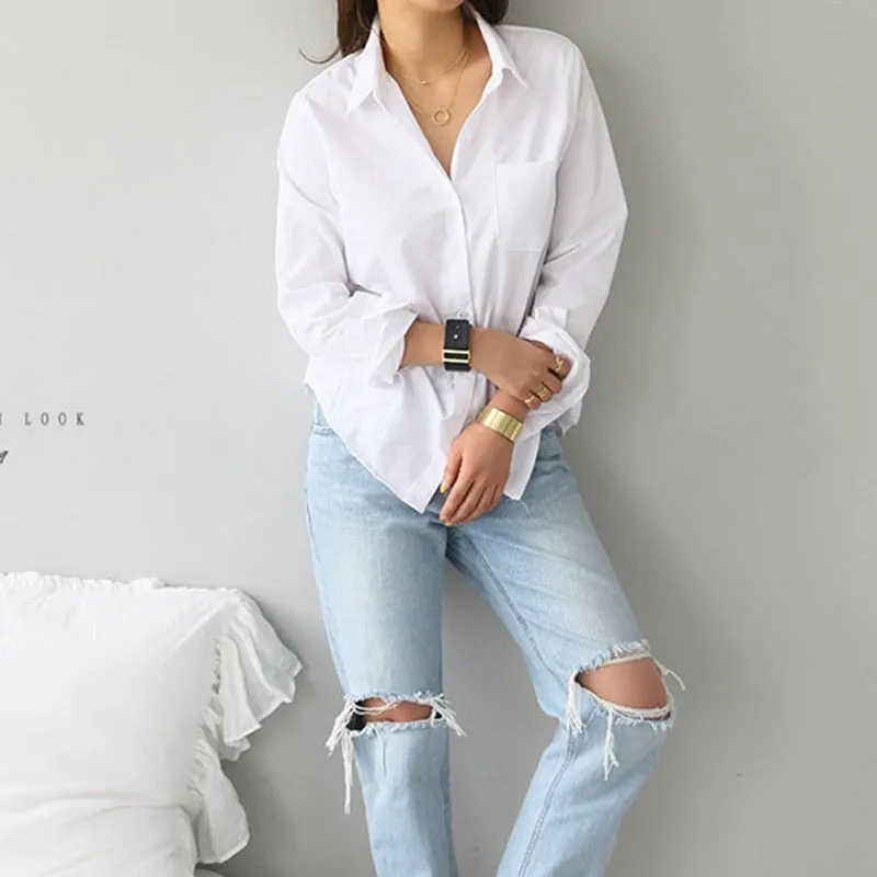 Women's Long Sleeve Casual Shirt Casual White Turn-down Collar Blouse