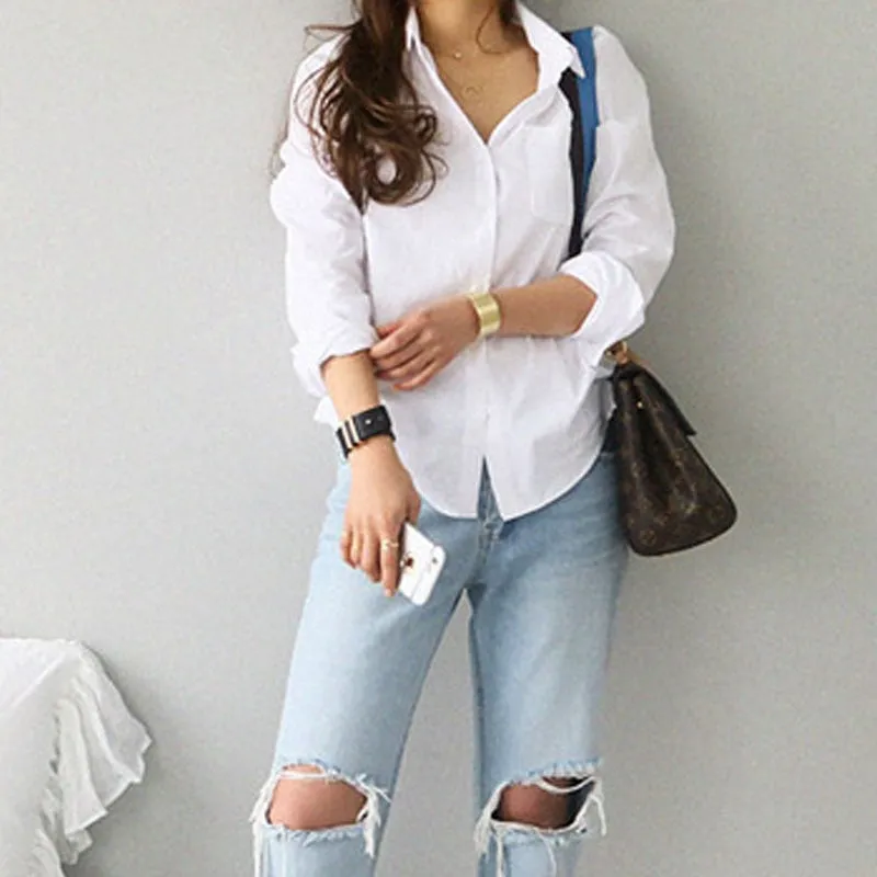 Women's Long Sleeve Casual Shirt Casual White Turn-down Collar Blouse