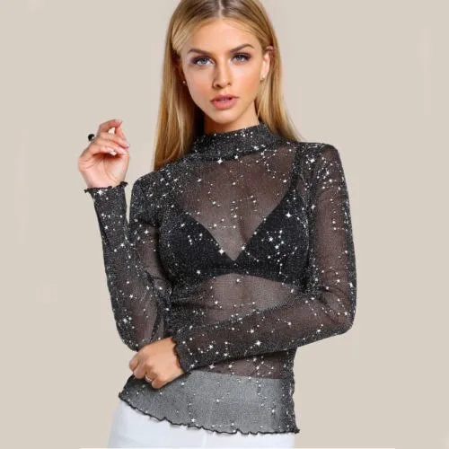 Womens Mesh Sheer Long Sleeve Top