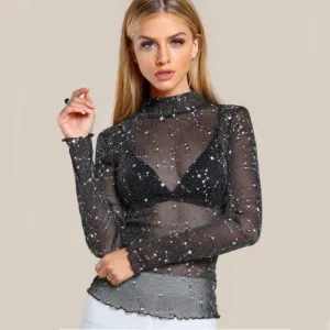 Womens Mesh Sheer Long Sleeve Top
