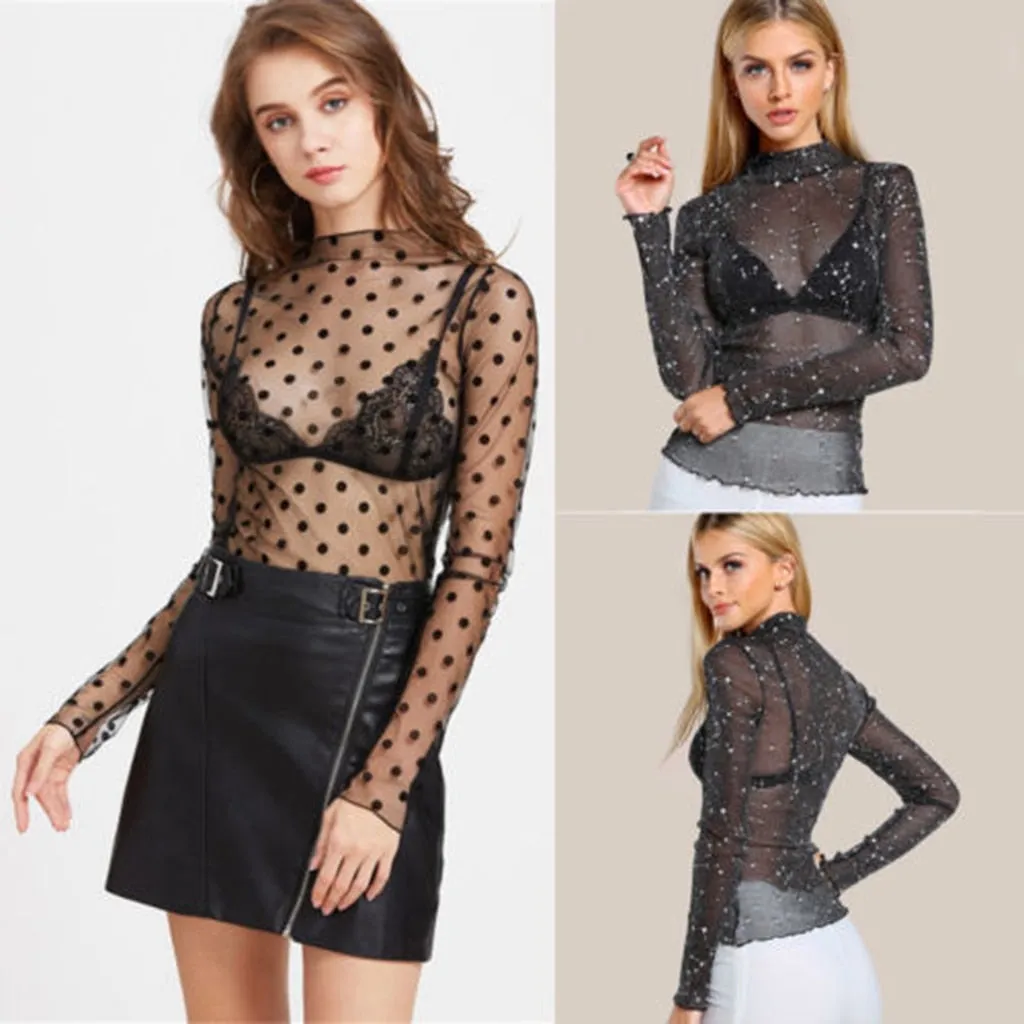 Womens Mesh Sheer Long Sleeve Top