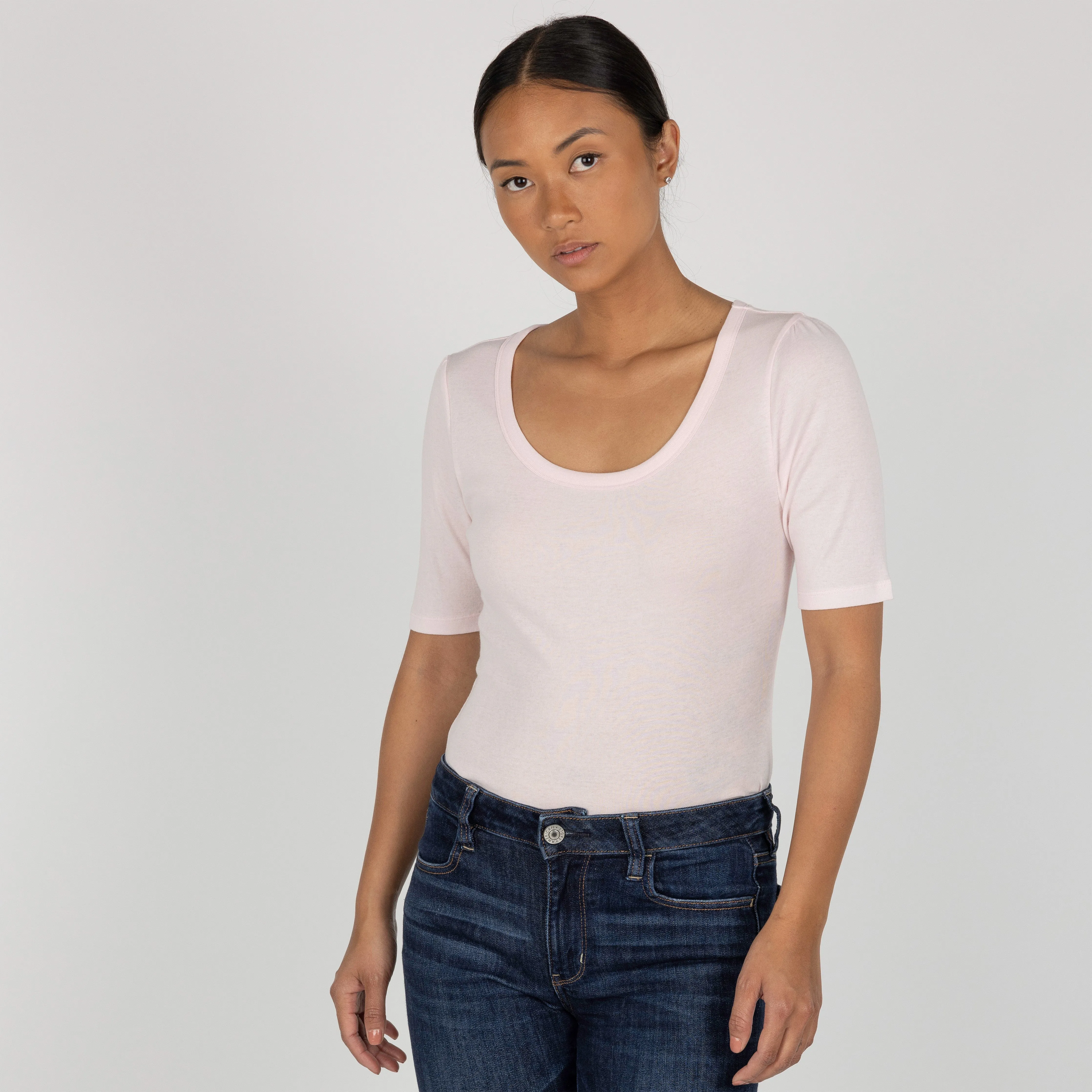 Womens Scoop Neck Elbow Length Tee - Pink Marshmallow