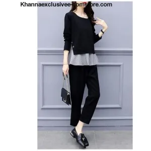 Women's Striped Splicing Long Sleeve Tops And Harem Pants Set Casual Office 2 Piece Suit Set
