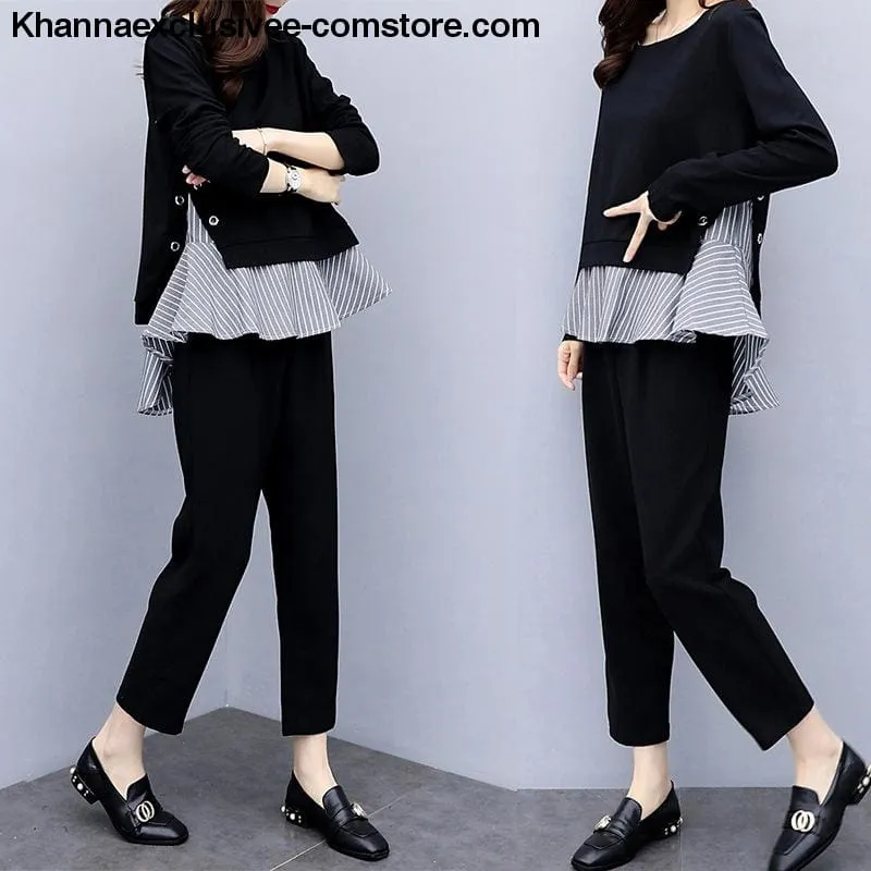 Women's Striped Splicing Long Sleeve Tops And Harem Pants Set Casual Office 2 Piece Suit Set