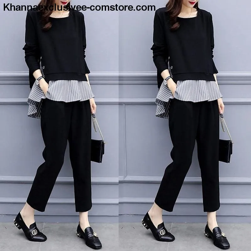 Women's Striped Splicing Long Sleeve Tops And Harem Pants Set Casual Office 2 Piece Suit Set