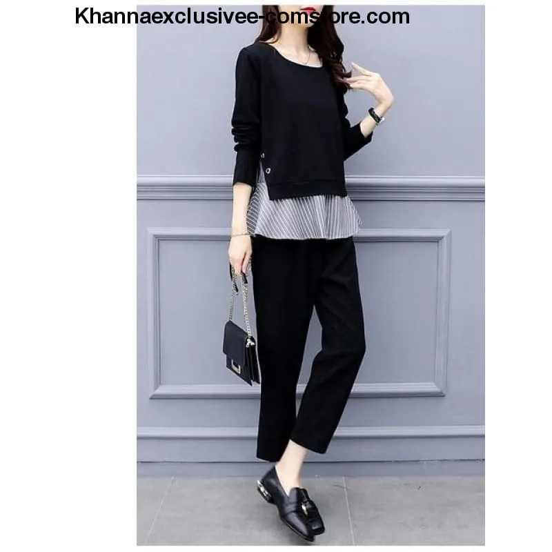 Women's Striped Splicing Long Sleeve Tops And Harem Pants Set Casual Office 2 Piece Suit Set