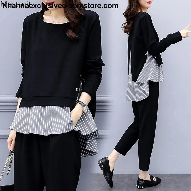 Women's Striped Splicing Long Sleeve Tops And Harem Pants Set Casual Office 2 Piece Suit Set