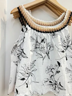 Women's Tribal Jeans | Crochet Neckline Flowy Top | White Black
