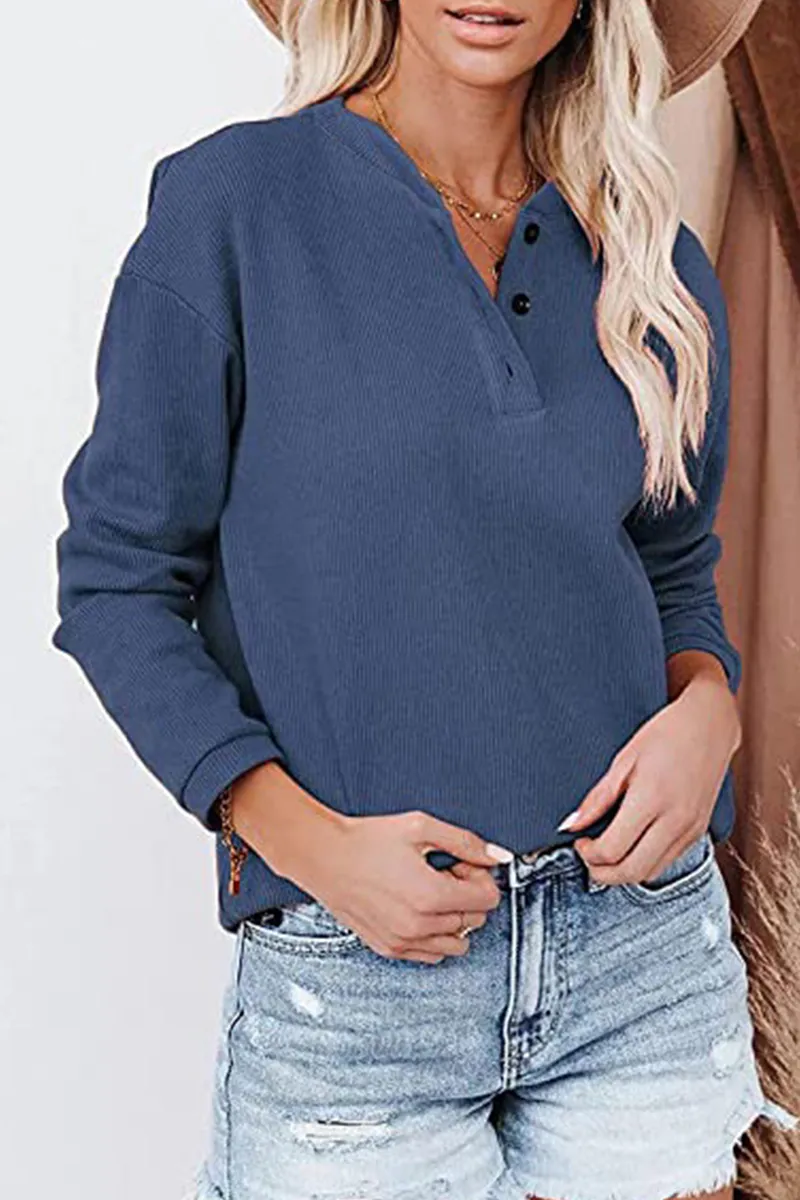 Xieyinshe Casual Solid Buckle O Neck Tops