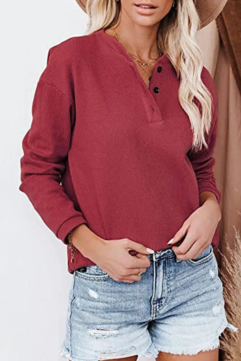 Xieyinshe Casual Solid Buckle O Neck Tops