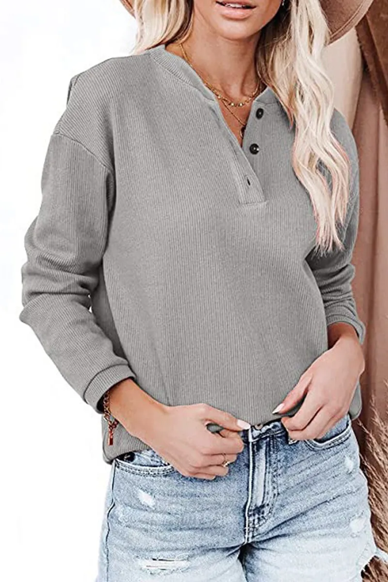Xieyinshe Casual Solid Buckle O Neck Tops