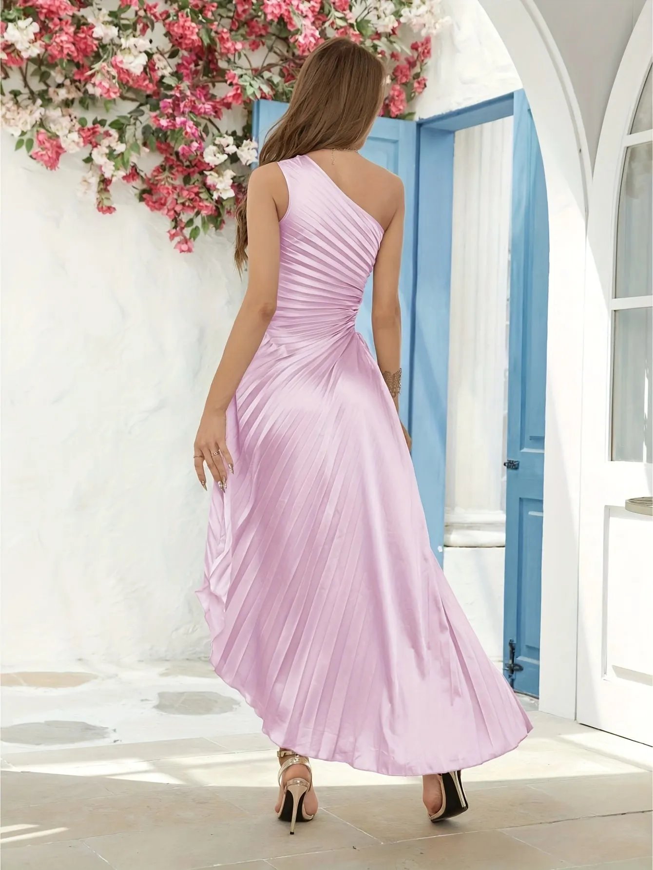 xieyinshe  Elegant Pleated Maxi Dress For Women, One-Shoulder Solid Color Dance Dress, Women's Activewear