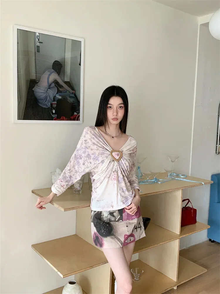 Y2K Floral V Neck Top