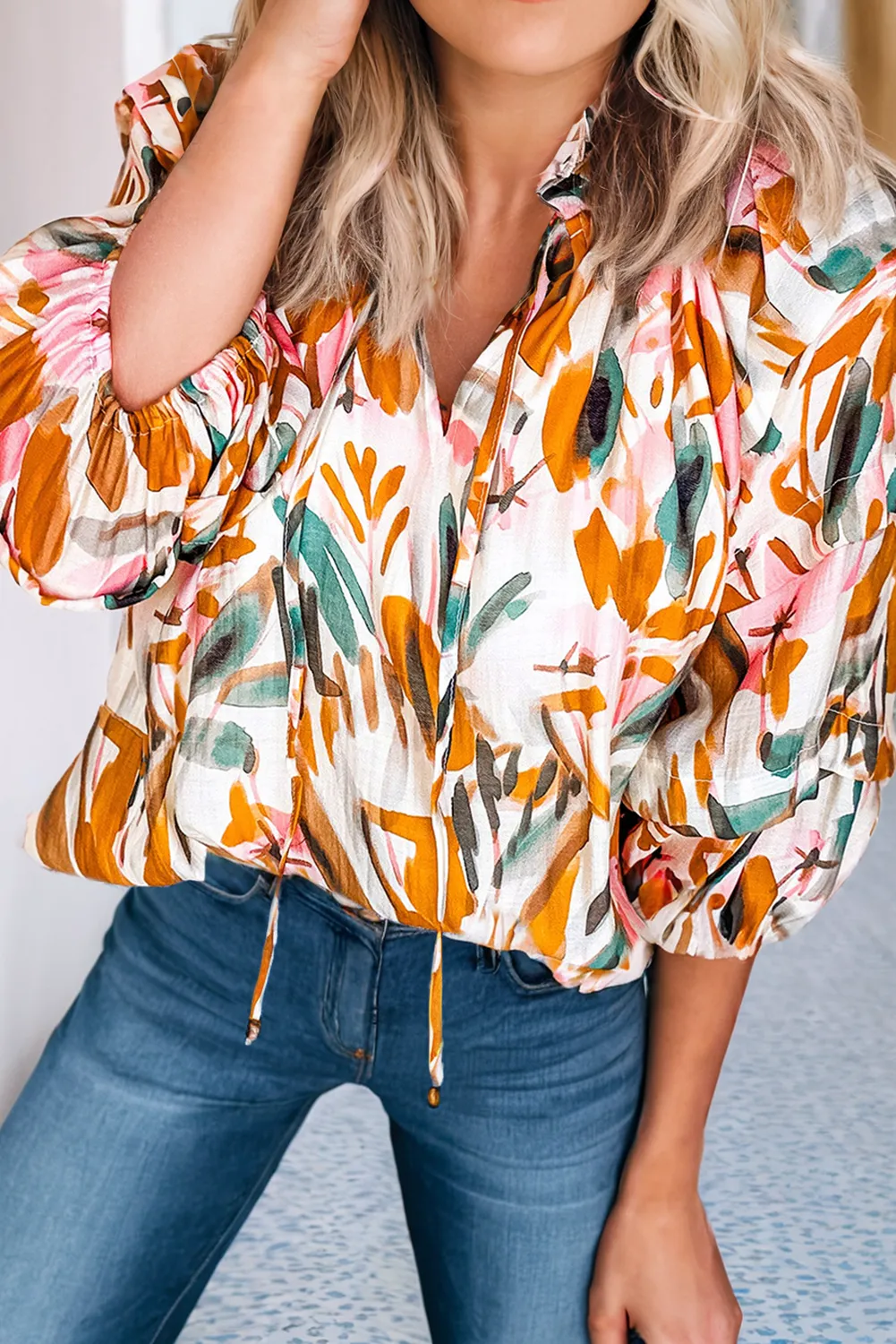 Zoe Abstract Print Drawstring Frilled V Neck Blouse