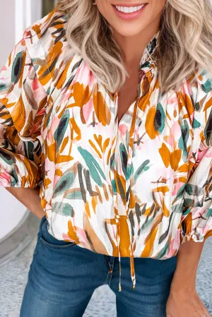 Zoe Abstract Print Drawstring Frilled V Neck Blouse