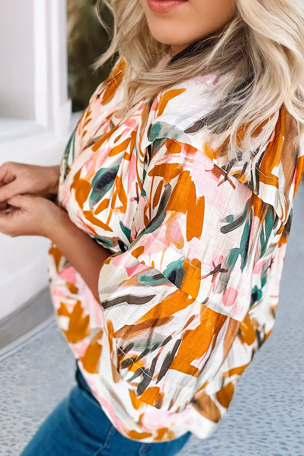 Zoe Abstract Print Drawstring Frilled V Neck Blouse