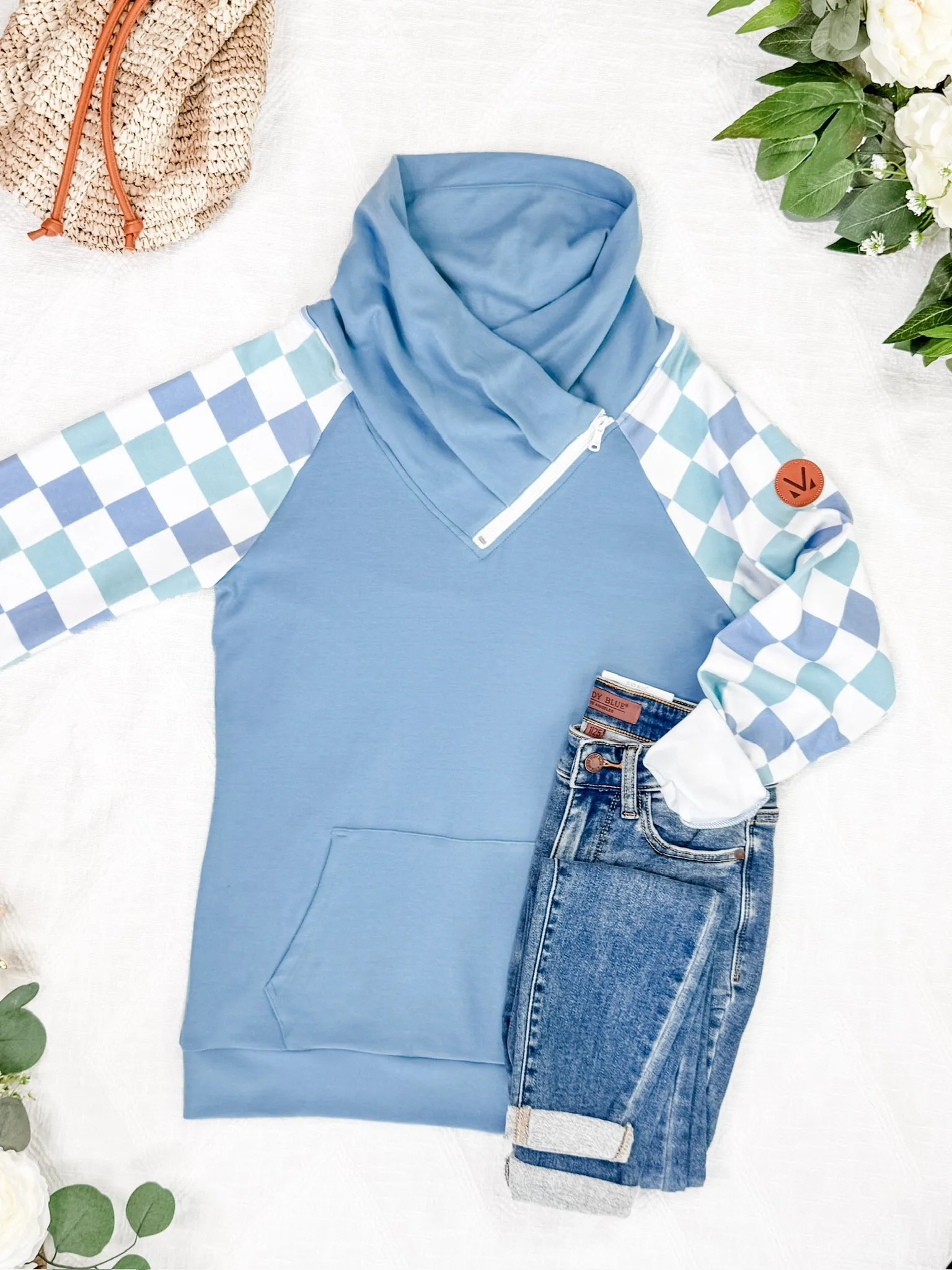 Zoey ZipCowl Sweatshirt - Blue and Mint Checker