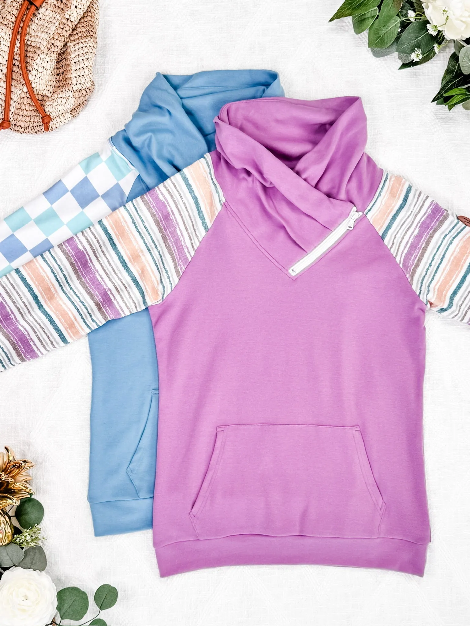 Zoey ZipCowl Sweatshirt - Blue and Mint Checker