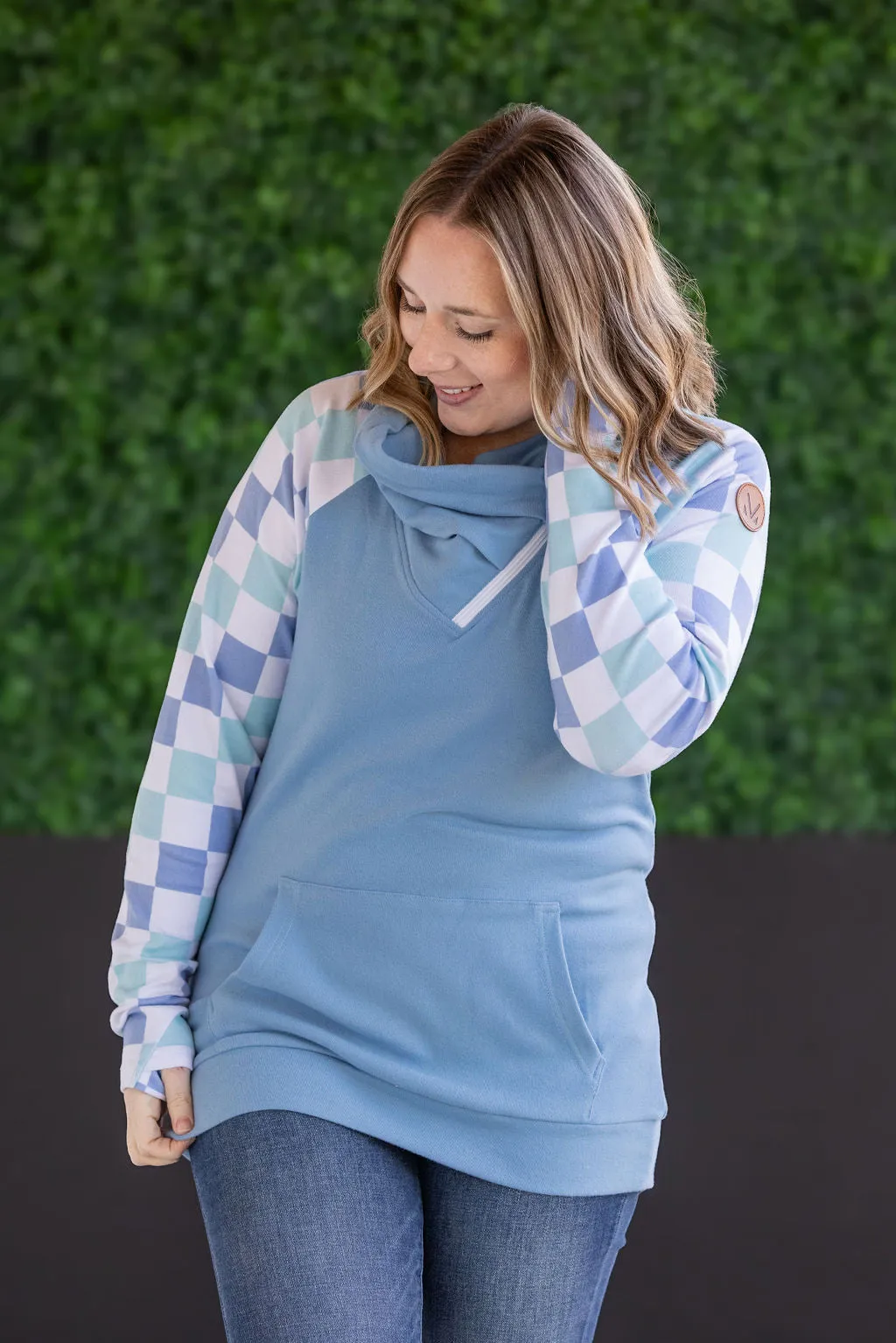 Zoey ZipCowl Sweatshirt - Blue and Mint Checker