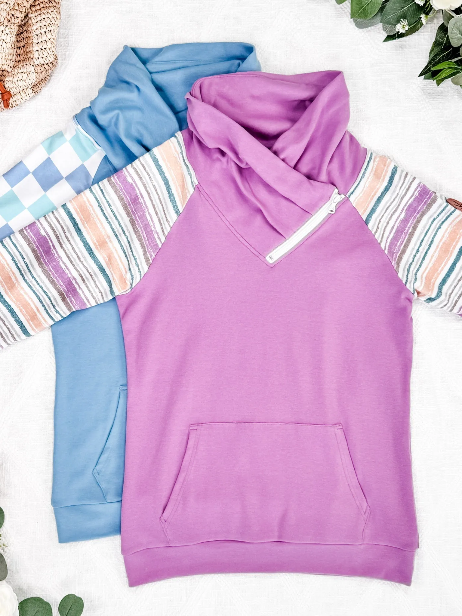 Zoey ZipCowl Sweatshirt - Blue and Mint Checker