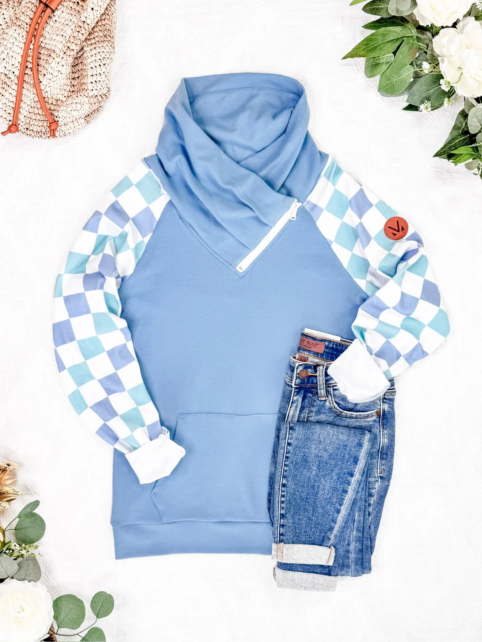 Zoey ZipCowl Sweatshirt - Blue and Mint Checker