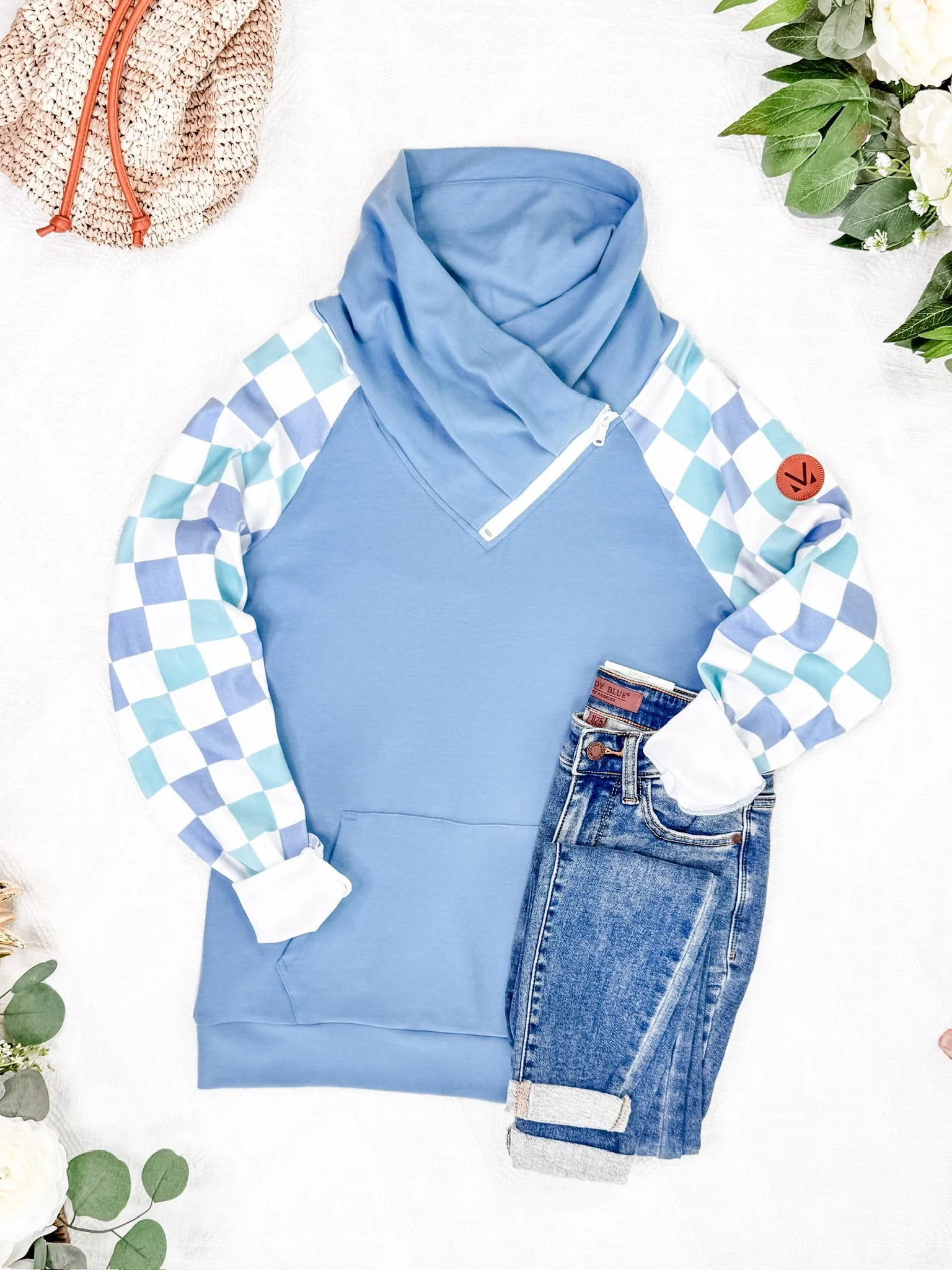 Zoey ZipCowl Sweatshirt - Blue and Mint Checker