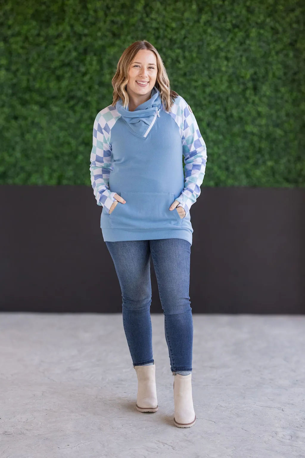 Zoey ZipCowl Sweatshirt - Blue and Mint Checker